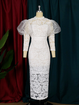 ONTINVA Puffy Long Sleeve Elegant Lace Bodycon Women Wedding Dress