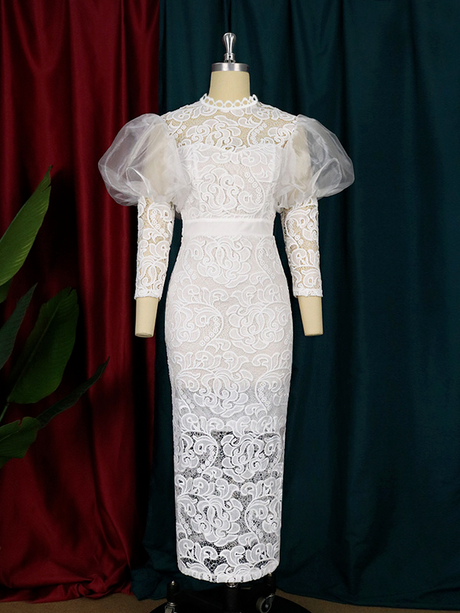 ONTINVA Puffy Long Sleeve Elegant Lace Bodycon Women Wedding Dress