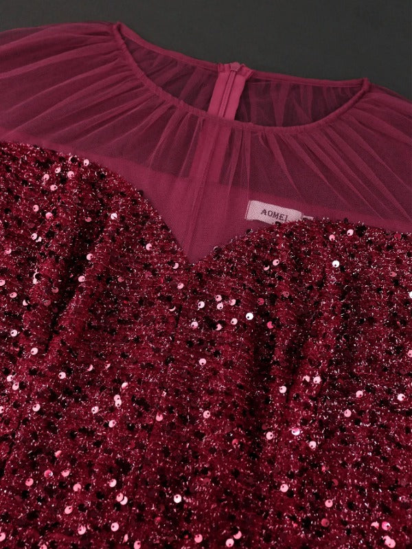 ONTINVA Long Sleeve Sequin Midi Dresses Vintage Burgundy