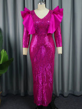 ONTINVA Ruffle Trim Sequined Evening Dress Maxi