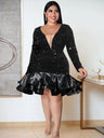 ONTINVA Sequins V Neck Long Sleeve Velvet Patchwork Dresses