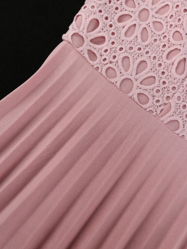 AOMEI Pink Lace Hollow Out Pleated Dresses Midi