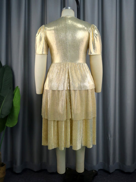 ONTINVA Gold Shiny Deep V Neck Pleated Dresses Midi