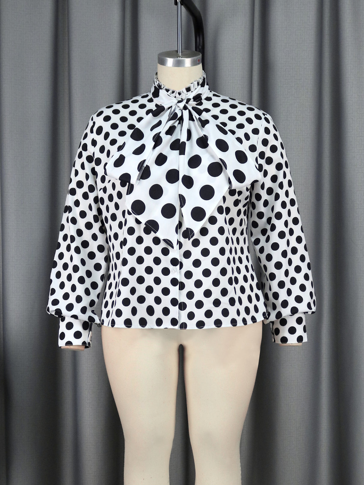 ONTINVA Black Polka Dot Printed Blouse Women Shirt Bowtie Lace Up Long Sleeve Button Up Tops Elegant Lady Office Work Casual Wear