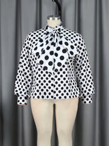 ONTINVA Black Polka Dot Printed Blouse Women Shirt Bowtie Lace Up Long Sleeve Button Up Tops Elegant Lady Office Work Casual Wear