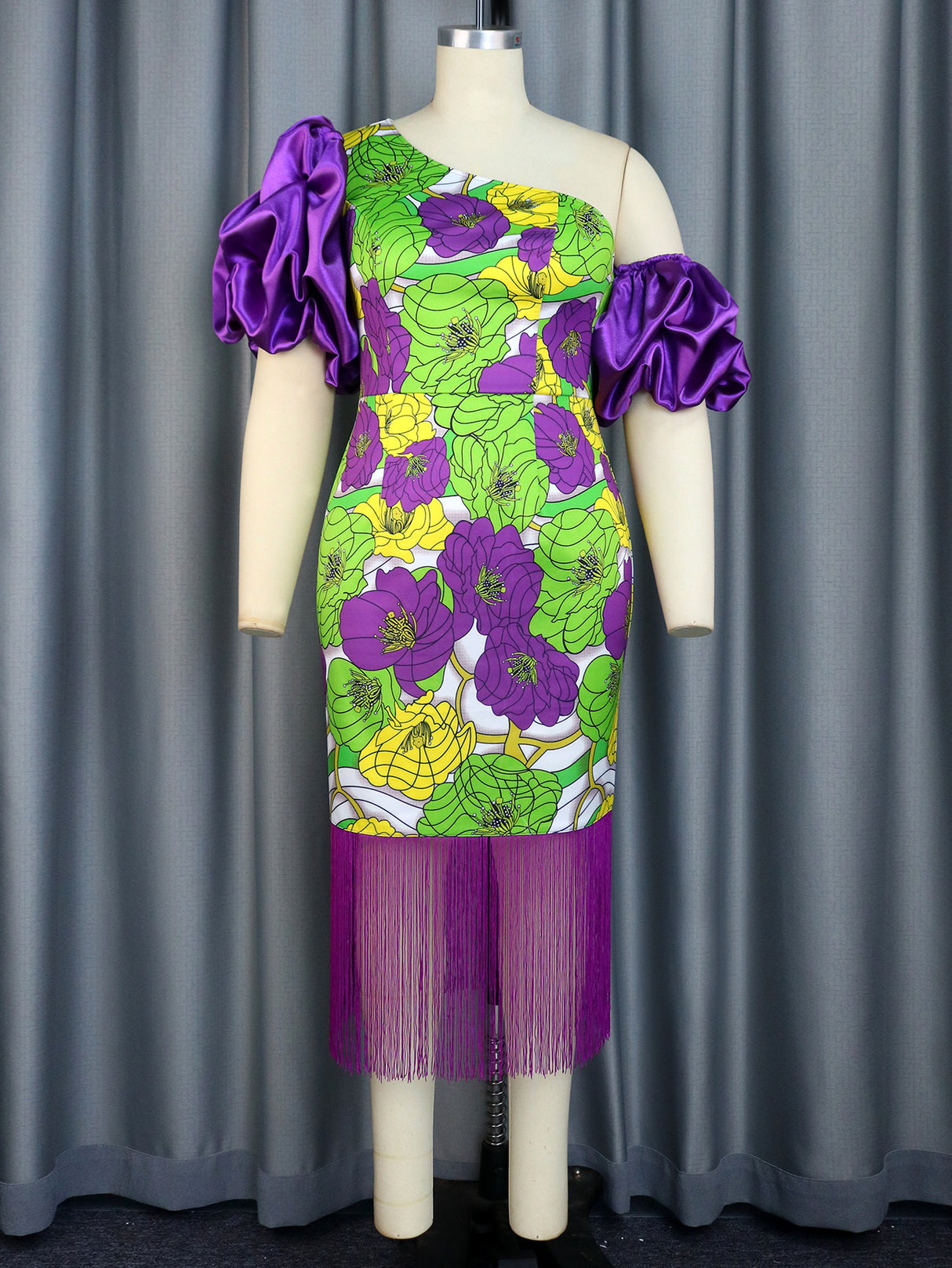 ONTINVA Patchwork Party Dress Plus Size Women Irregular Puff Sleeve Purple Printed Bodycon Midi Evening Cocktail Tassel Outfits