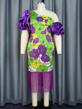 ONTINVA Patchwork Party Dress Plus Size Women Irregular Puff Sleeve Purple Printed Bodycon Midi Evening Cocktail Tassel Outfits