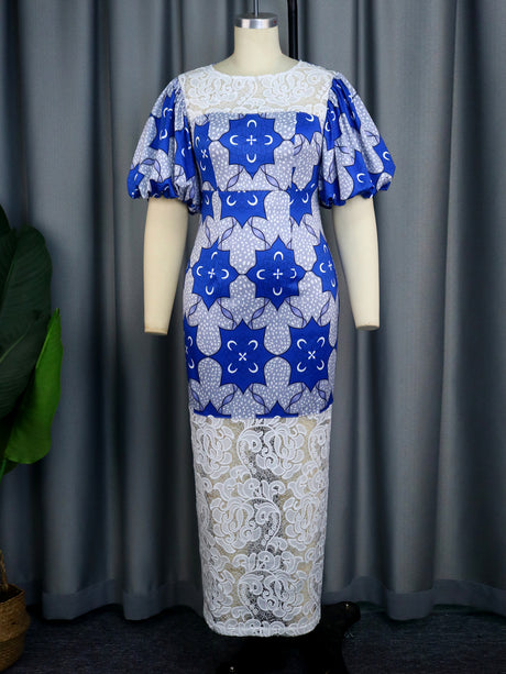 ONTINVA Plus Size Dresses for Women Blue Patchwork Lace O Neck Short Puff Sleeve Floral Printed Bodycon Evening Party Outfits
