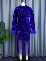 ONTINVA Women Dress Velvet Shiny Glitter Sequin Long Sleeve  Feather Tassel Autumn Package Hip Celebrate Occasion Birthday African Gown
