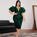 ONTINVA Luxury Sequins V Neck Tulle Patchwork Puff Sleeve Dress