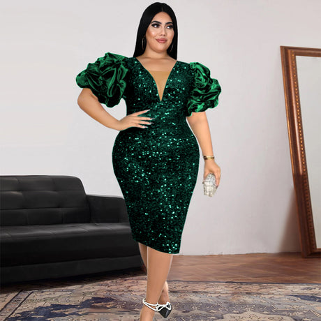 ONTINVA Luxury Sequins V Neck Tulle Patchwork Puff Sleeve Dress