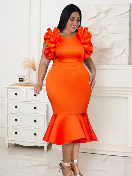 Ontinva Orange Midi Plus Size Ruffles Sleeveless Mermaid Dresses