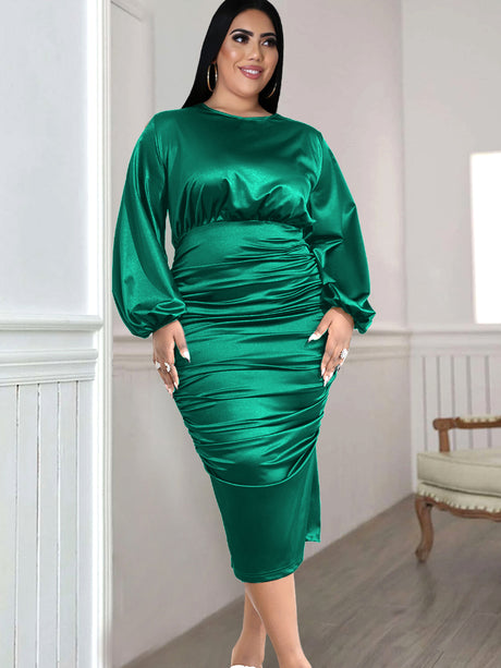 ONTINVA Pleated Green Satin Long Lantern Sleeve Midi Evening Dresses