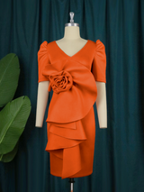 ONTINVA Women Orange Short Sleeves Big Flower Ruffles Bodycon Party Dress