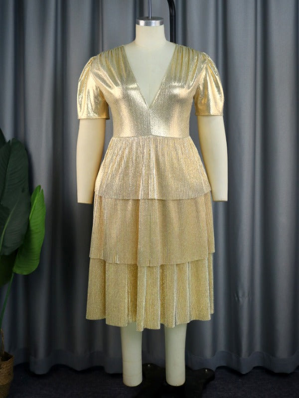 ONTINVA Gold Shiny Deep V Neck Pleated Dresses Midi