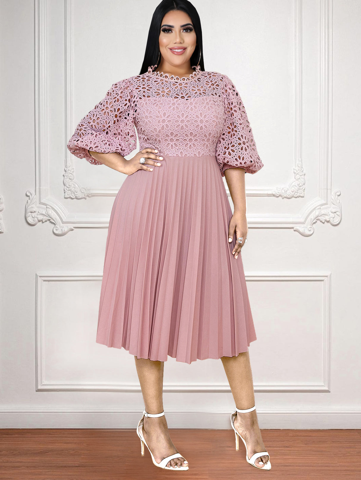 ONTINVA Pink Lace Dresses For Women Half Lantern Sleeve Hollow Out See Through Midi Pleated Dress ONTINVA Pink Lace Dresses For Women Half Lantern Sleeve Hollow Out See Through Midi Pleated Dress