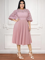 AOMEI Pink Lace Hollow Out Pleated Dresses Midi