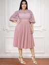 AOMEI Pink Lace Hollow Out Pleated Dresses Midi