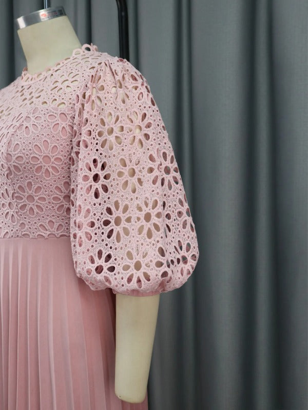 AOMEI Pink Lace Hollow Out Pleated Dresses Midi