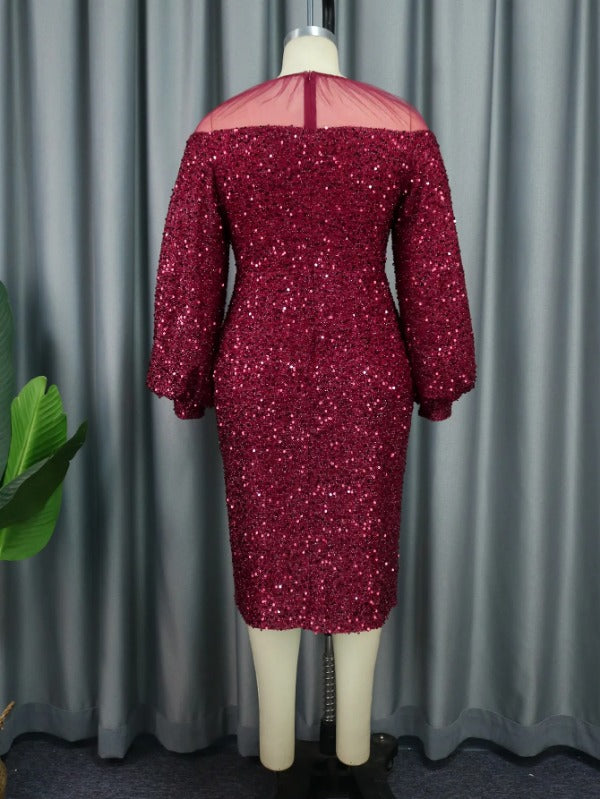 ONTINVA Long Sleeve Sequin Midi Dresses Vintage Burgundy