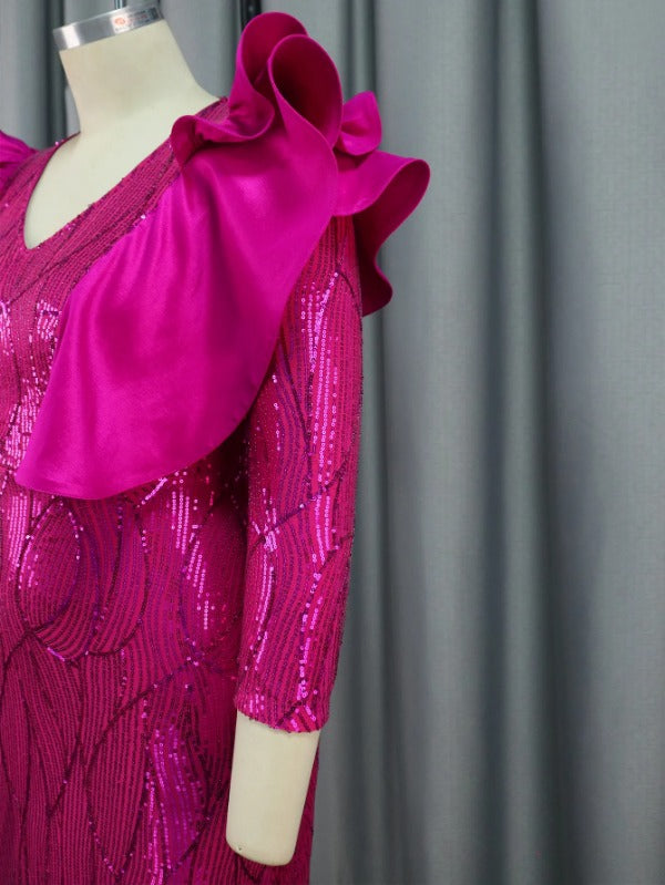 ONTINVA Ruffle Trim Sequined Evening Dress Maxi