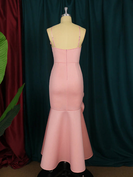 ONTINVA Pink Sleeveless Spaghetti Straps Big Flower Ruffles Long Party Dress