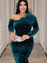 ONTINVA Plus Size Green Velvet Bodycon Christmas Dress