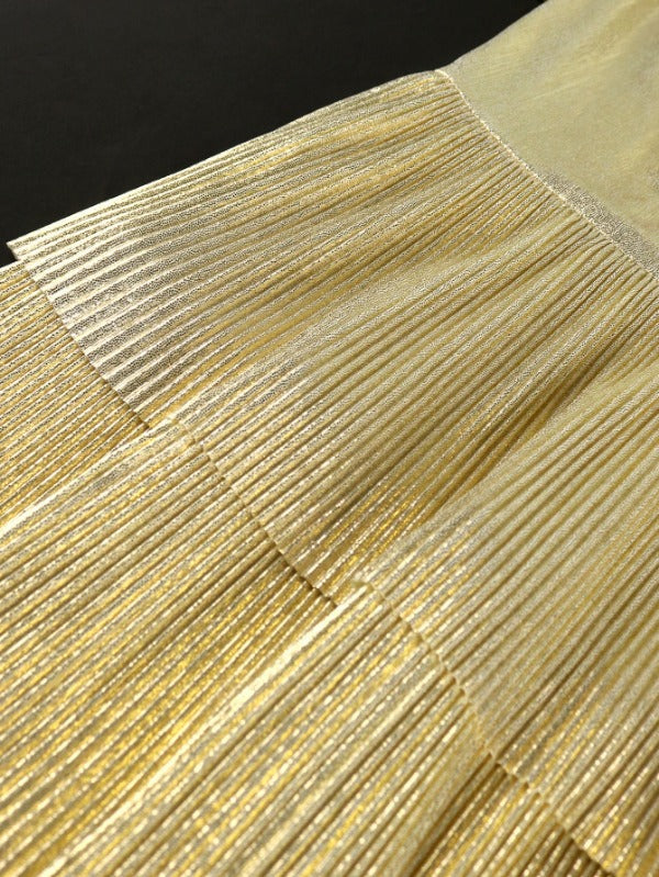 ONTINVA Gold Shiny Deep V Neck Pleated Dresses Midi