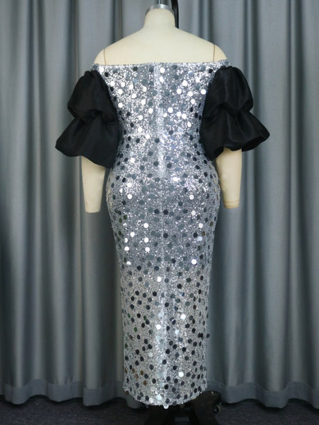 ONTINVA Bare Shoulder Silver Sequin Dress Maxi Patchwork Short Sleeves