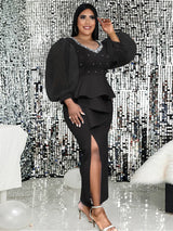 Plus Size Party Dress Curvy Women Long Puff Tulle Sleeve Beading Peplum Evening Birthday 4XL Outfits for Ladies Event Occasion