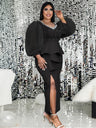 Plus Size Party Dress Curvy Women Long Puff Tulle Sleeve Beading Peplum Evening Birthday 4XL Outfits for Ladies Event Occasion