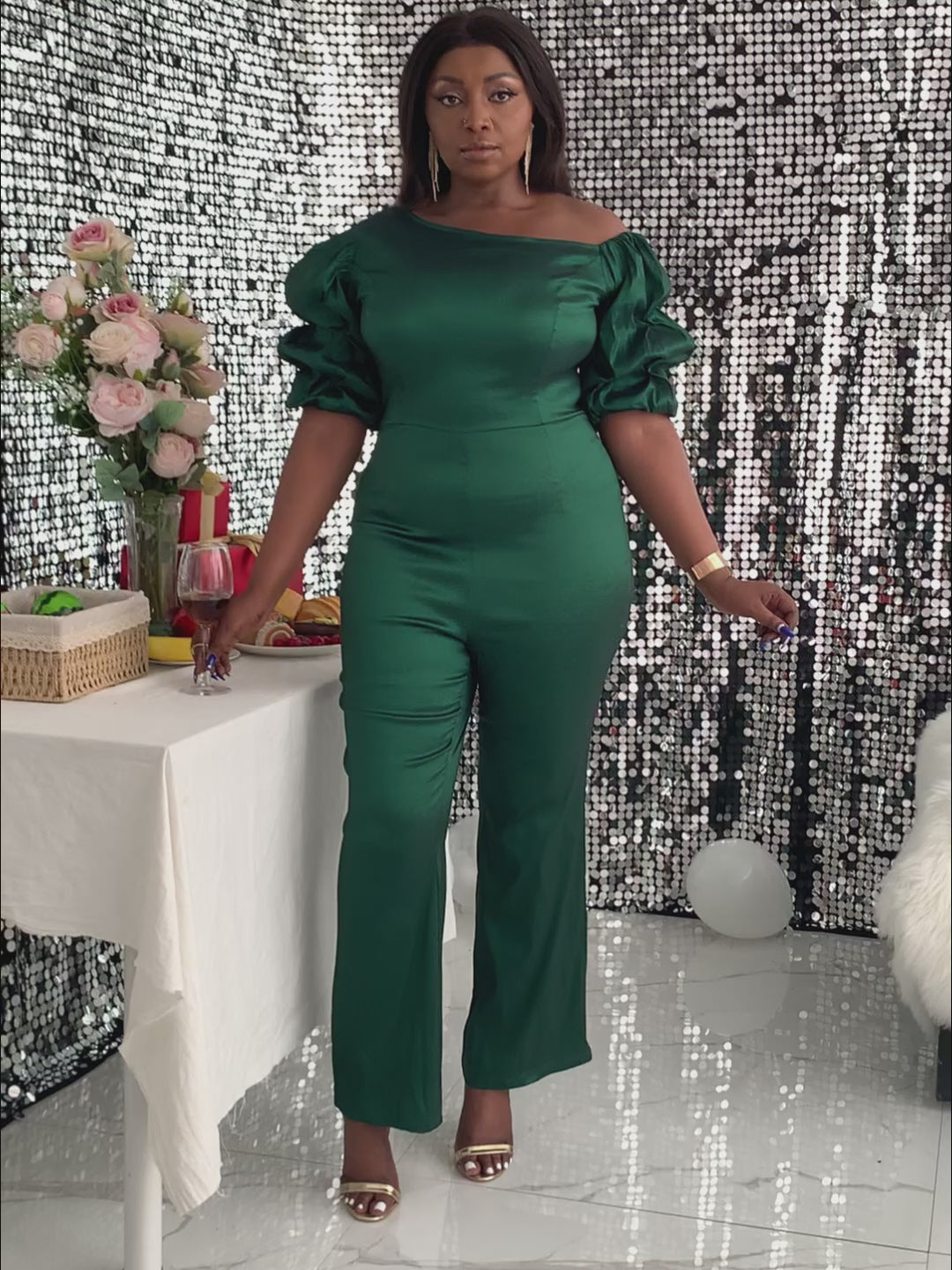 ONTINVA Women Jumpsuit High Waist Puff Sleeve Green Shiny Skew Collar Christmas Slim Elegant Summer Fashion Party Elegant New 2023