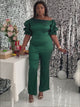 ONTINVA Women Jumpsuit High Waist Puff Sleeve Green Shiny Skew Collar Christmas Slim Elegant Summer Fashion Party Elegant New 2023