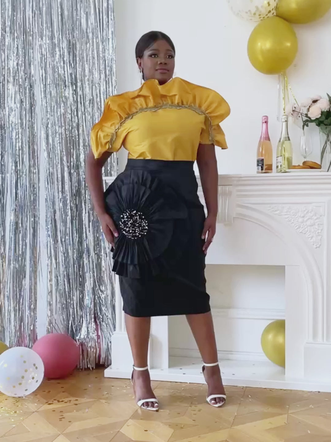 ONTINVA Elegant 2 Piece Set Women Ruffle Blouse Tops Luxury Shiny Applique skirt  Summer Chic Party Wear Large Size Golden Yellow