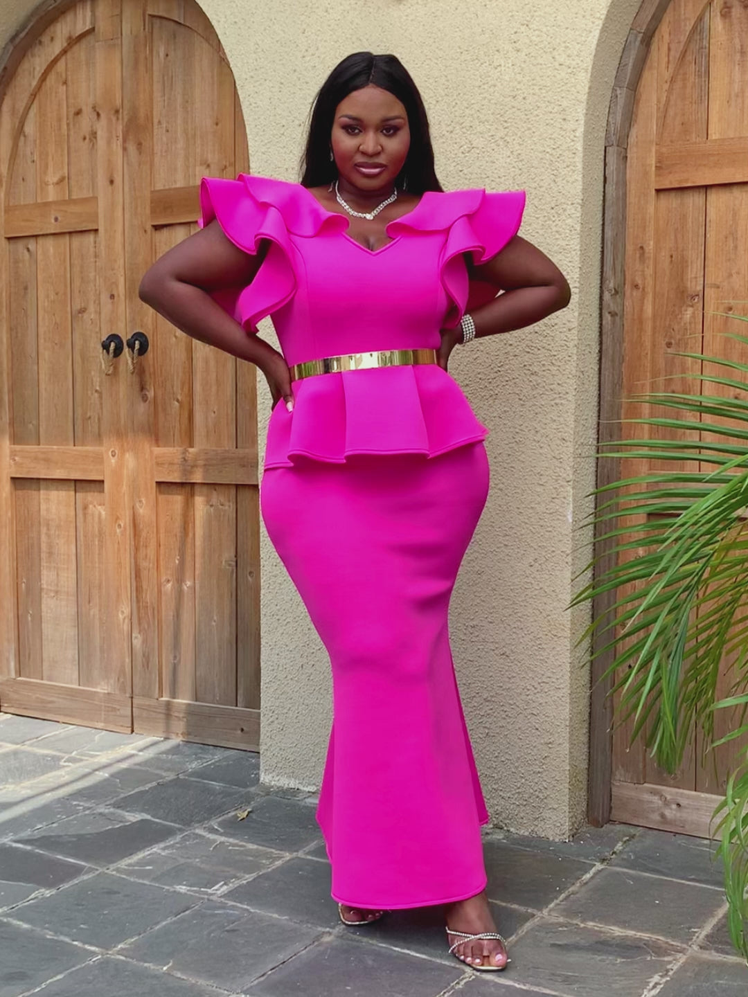 ONTINVA Women Party Long Dresses Maxi V Neck Peplum Ruffle Mermaid Short Sleeve Christmas Large Size  African Event Celebrate Gown