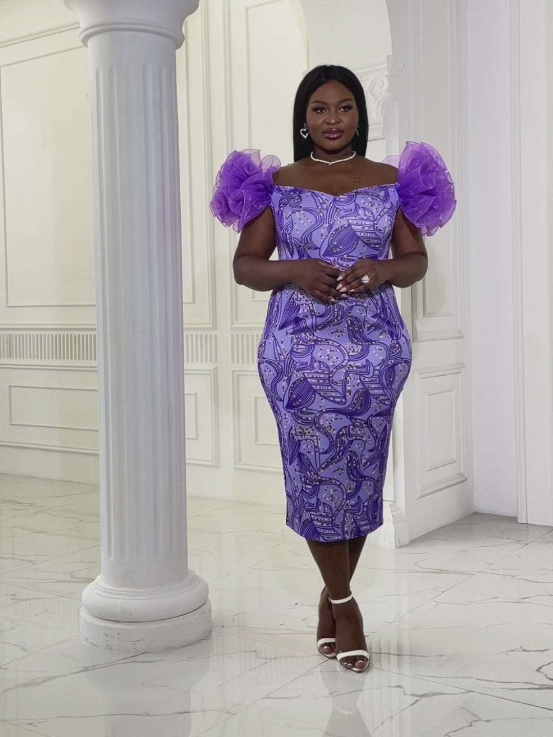 ONTINVA Purple Print Midi Dresses for Women Flower Short Sleeve Floral African Gowns Bodycon Evening Cocktail Event Party Outfits 4XL
