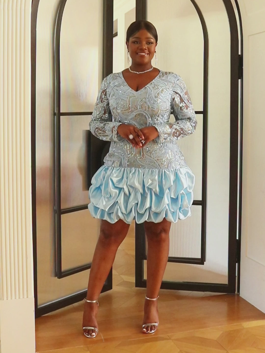 ONTINVA Lace Sequins Chic Dresses Summer 2023 Free Shipping Blue V Neck Mini Robe See Through Glitter Sleeve Formal Event Party Gowns