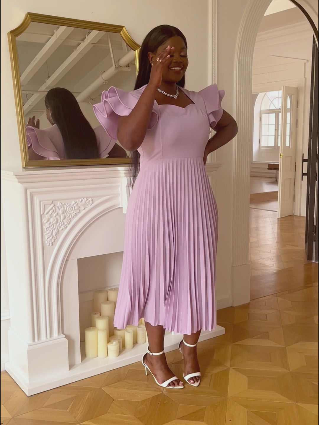 ONTINVA Pleated Dresses for Women 2023 Party Elegant Tierred Ruffle Sleeve Square Collar Midi Robe Summer Event Formal Occasion Vestidos