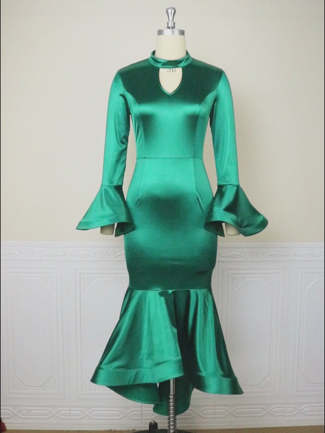 Green Satin Dresses V Neck Cut Out Long Flare Sleeve Boydcon Irregular Ruffles Mermaid Evening Cocktail Party Outfits for Women