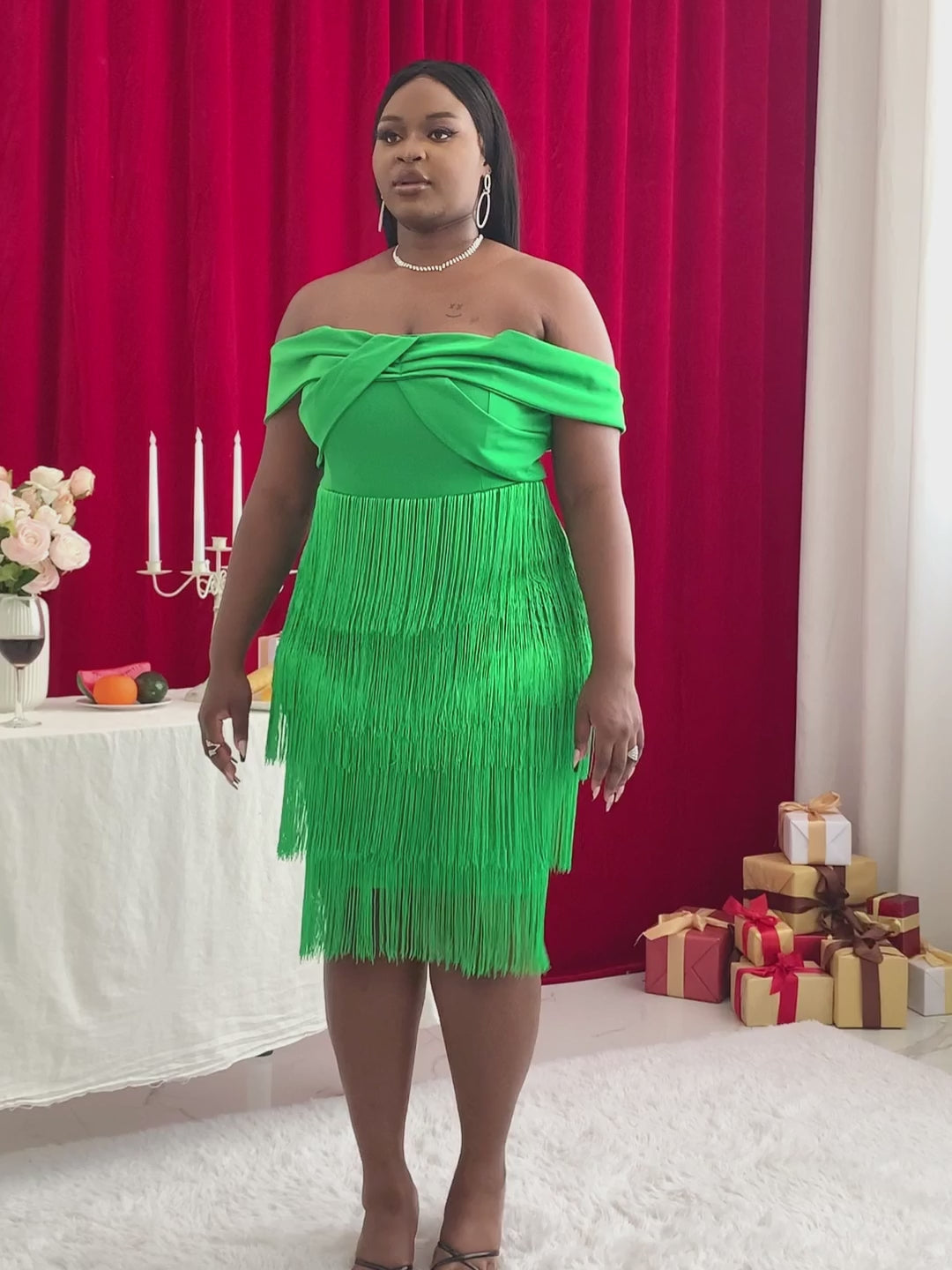 ONTINVA Green Tassel Dress Women Bodycon Off Shoulder Fringe Backless Midi Big Size 4XL Birthday Party Club Date Night Event Robes