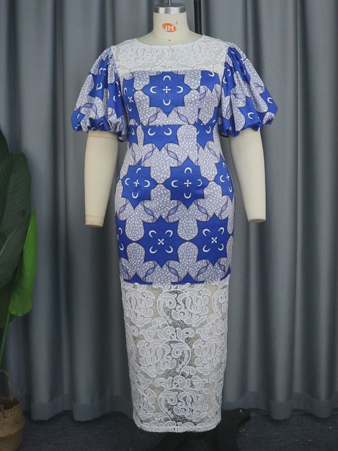 ONTINVA Plus Size Dresses for Women Blue Patchwork Lace O Neck Short Puff Sleeve Floral Printed Bodycon Evening Party Outfits