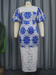 ONTINVA Plus Size Dresses for Women Blue Patchwork Lace O Neck Short Puff Sleeve Floral Printed Bodycon Evening Party Outfits