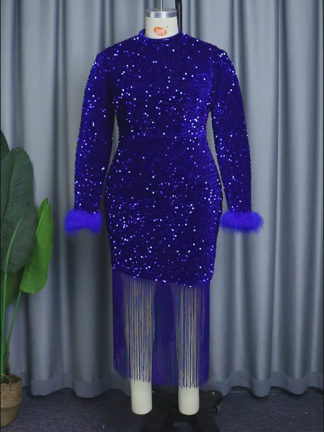 ONTINVA Women Dress Velvet Shiny Glitter Sequin Long Sleeve  Feather Tassel Autumn Package Hip Celebrate Occasion Birthday African Gown