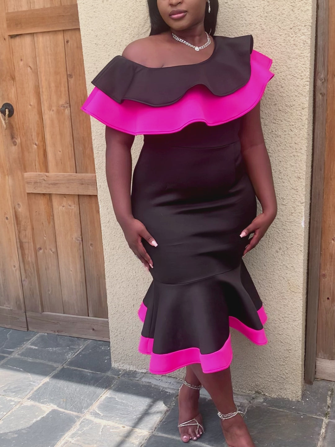 ONTINVA Party Dress Women Christmas 4XL Bodycon Mermaid Ruffles Off Shoulder Rose Black Midi Elegant African Birthday Event Gowns