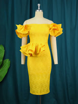 ONTINVA Yellow Off Shoulder Ruflle Lace Dresses Midi