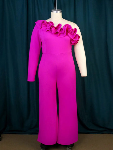 ONTINVA Women Plus Size Rose Red One Shoulder Jumpsuits