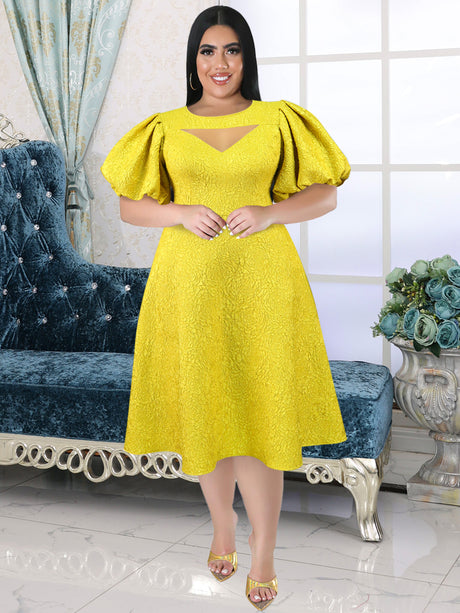 ONTINVA Jacquard Puff Sleeve Cut Out See Through A Line Dresses