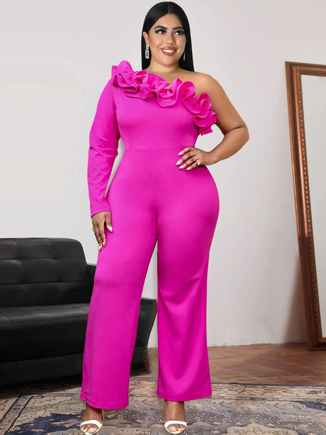 ONTINVA Women Plus Size Rose Red One Shoulder Jumpsuits