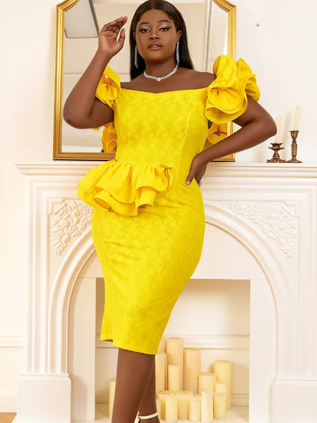 ONTINVA Yellow Off Shoulder Ruflle Lace Dresses Midi