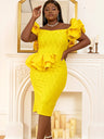 ONTINVA Yellow Off Shoulder Ruflle Lace Dresses Midi